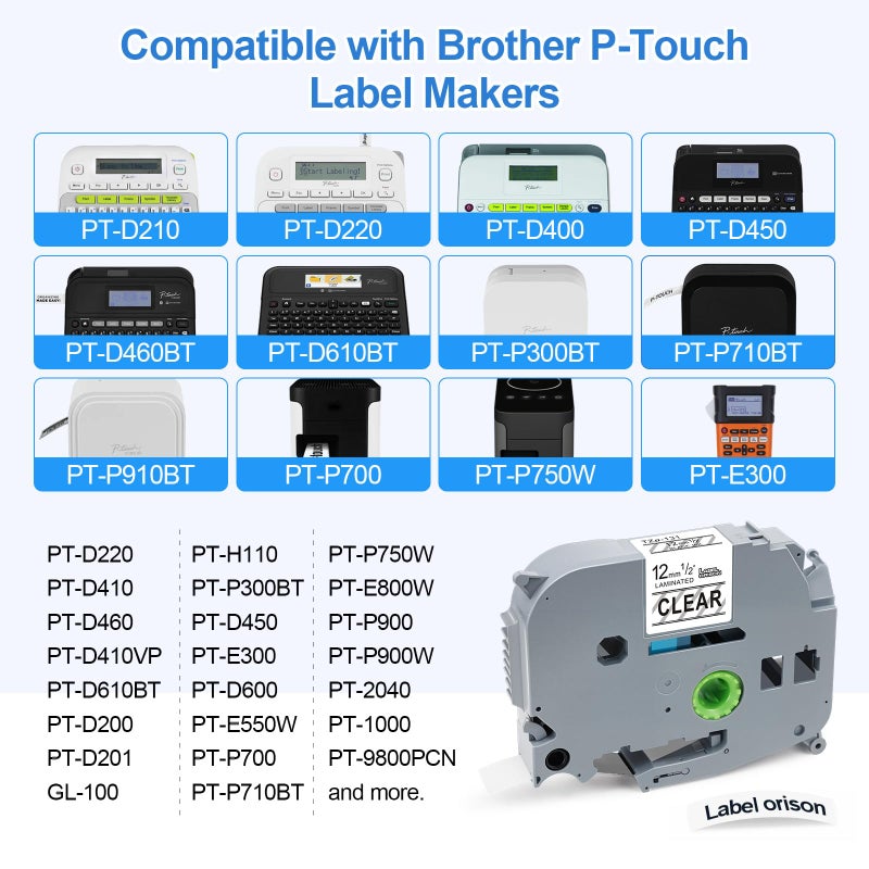 Label Orison شريط ملصقات أوريسون TZe-131 متوافق مع شريط ملصقات Brother P-Touch شفاف، لجهاز صنع الملصقات Brother T-D210 PT-H100 PT-1880، أسود على شفاف، 1/2''(12mm) x 26.2'(8m)، 5PK - Image 3